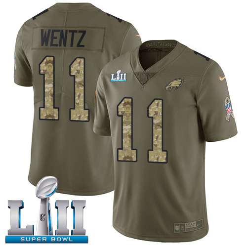 Nike Eagles #11 Carson Wentz Olive/Camo Super Bowl LII Men's Stitched NFL Limited Salute To Service Jersey